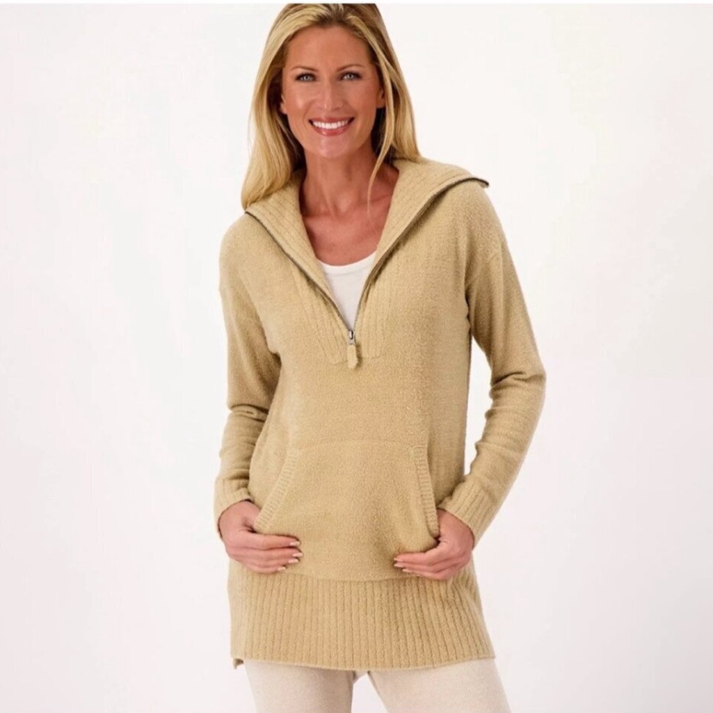 Barefoot Dreams Cozychic Lite Rib Half Zip Biscotti Camel Tunic Womens Size M
